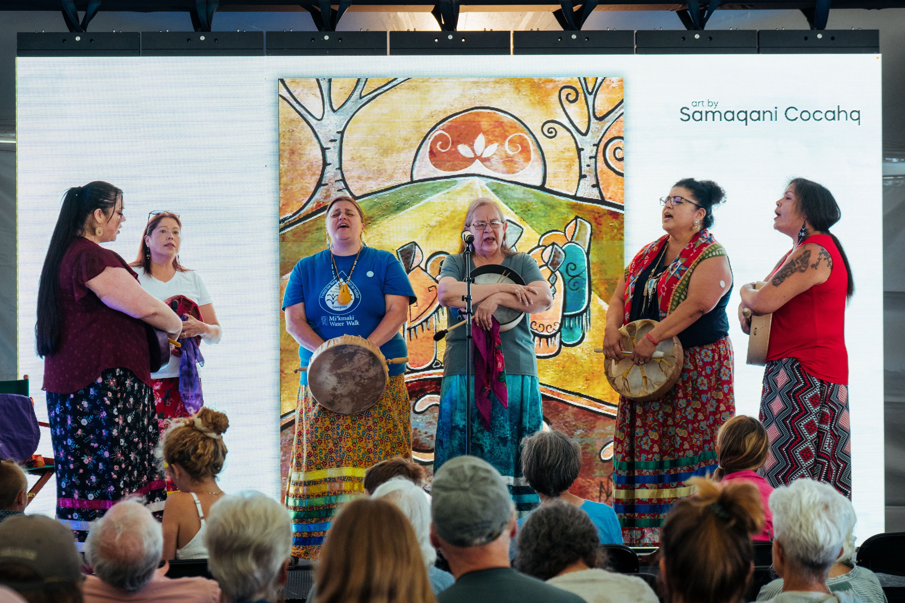 A group of Indigenous hand-drummers perform at the Dawnland Festival of Arts and Ideas
